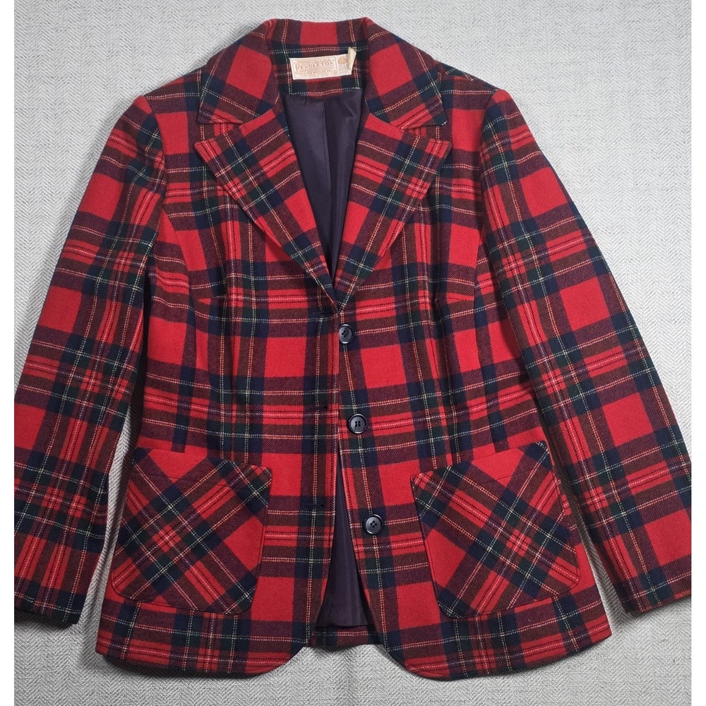 Vintage Pendleton 70s Womens Red Plaid Wool Blazer Jacket Sz 10 Tartan USA Made